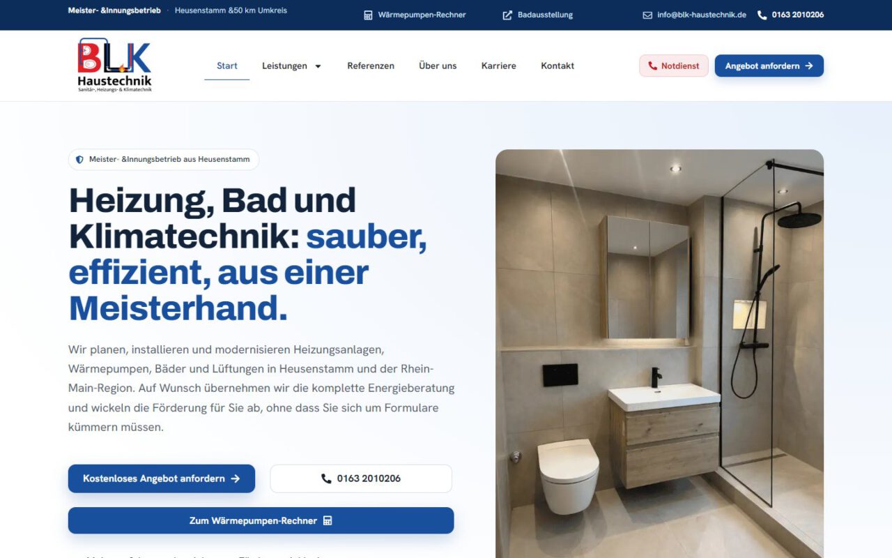 Website von BLK Haustechnik, erstellt von UniQue Conception (Desktop-Ansicht)