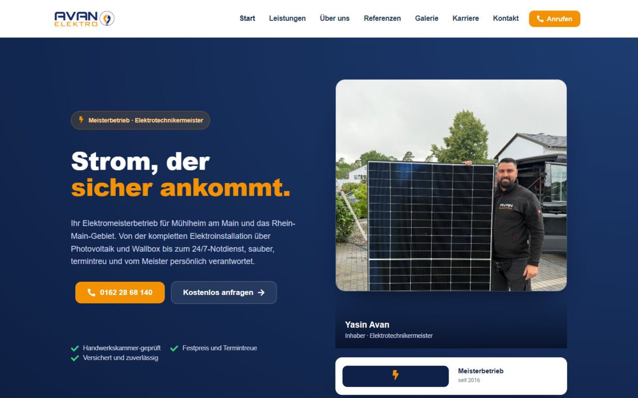Website von Elektro Avan, erstellt von UniQue Conception (Desktop-Ansicht)