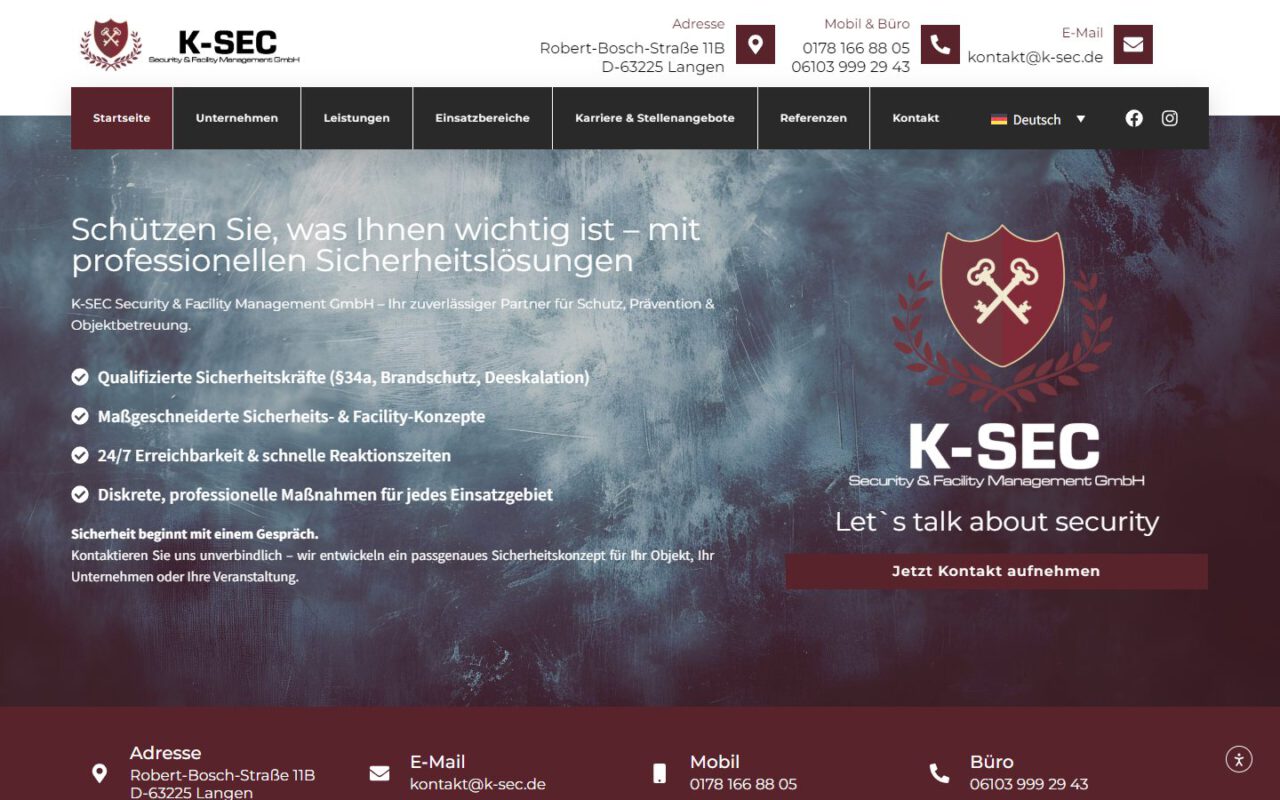 Website von K-SEC Security & Facility, erstellt von UniQue Conception (Desktop-Ansicht)