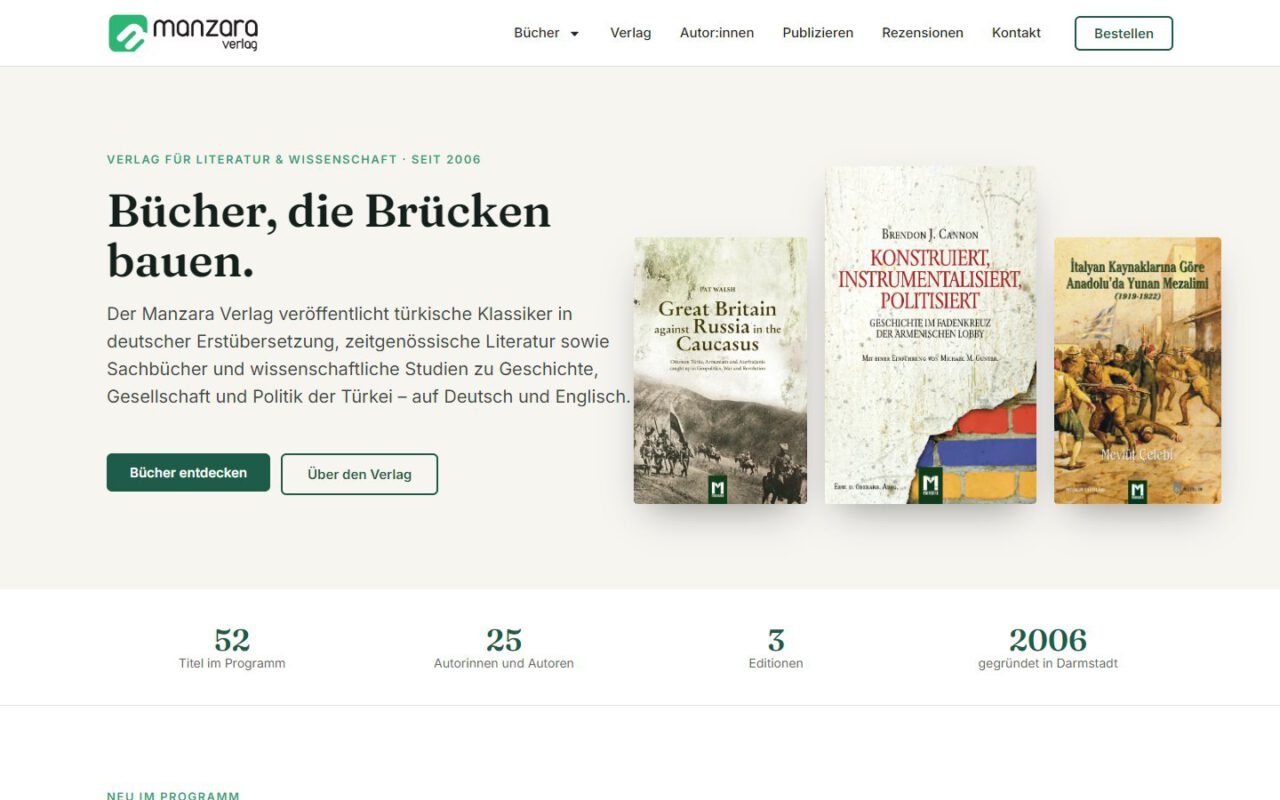 Website von Manzara Verlag, erstellt von UniQue Conception (Desktop-Ansicht)