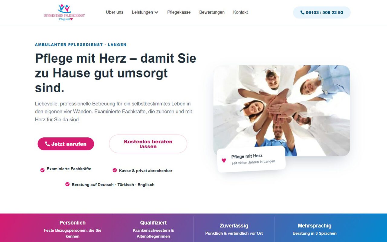 Website von Schwestern Pflegedienst, erstellt von UniQue Conception (Desktop-Ansicht)