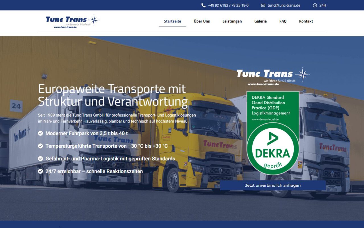 Website von Tunc Trans GmbH, erstellt von UniQue Conception (Desktop-Ansicht)