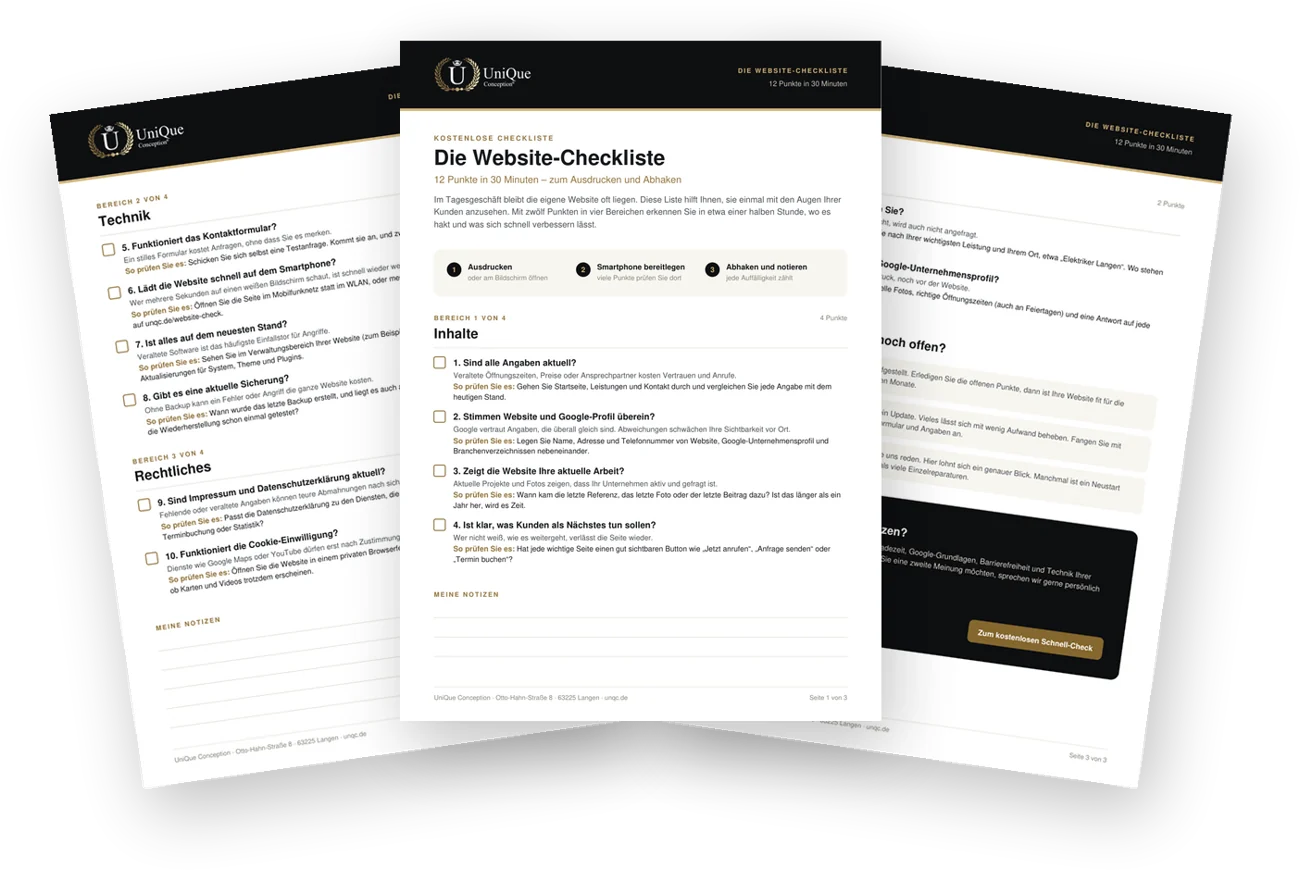 Vorschau der kostenlosen Website-Checkliste von UniQue Conception mit 12 Prüfpunkten zum Abhaken